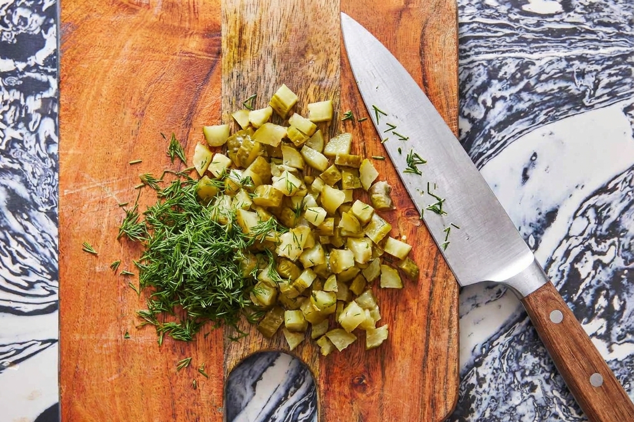 Finely chopped dill pickles on a cutting board next to a chef’s knife