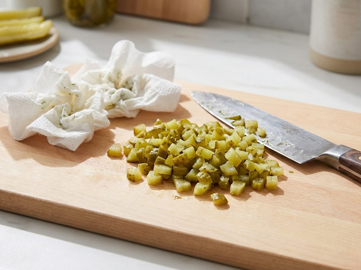 Finely chopped dill pickles on a wooden cutting board with a chef’s knife and paper towels nearby to pat them dry on a kitchen counter