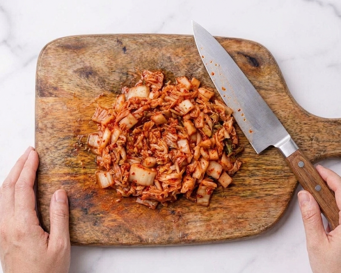 Finely chopped kimchi piled on a wooden cutting board next to a chef’s knife, ready to be squeezed dry for dumpling filling