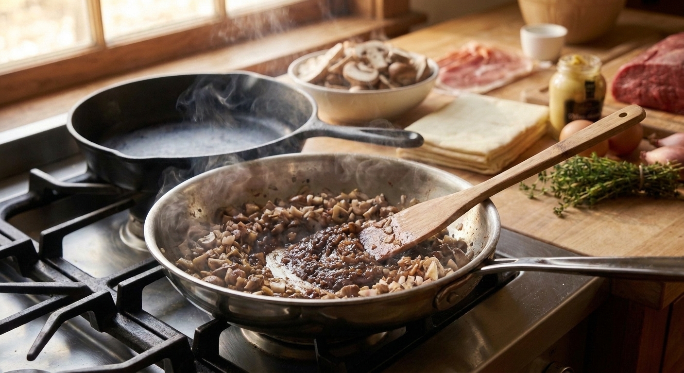 Finely chopped mushrooms and shallots cooking in a skillet as the mixture reduces into a darker, thick paste on a home stove