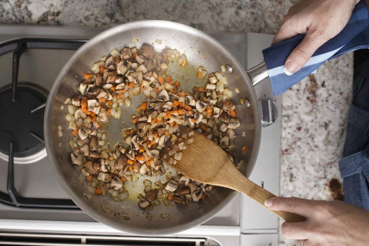 Finely chopped mushrooms sautéing in a large skillet with onions and carrots, steam rising in warm kitchen light
