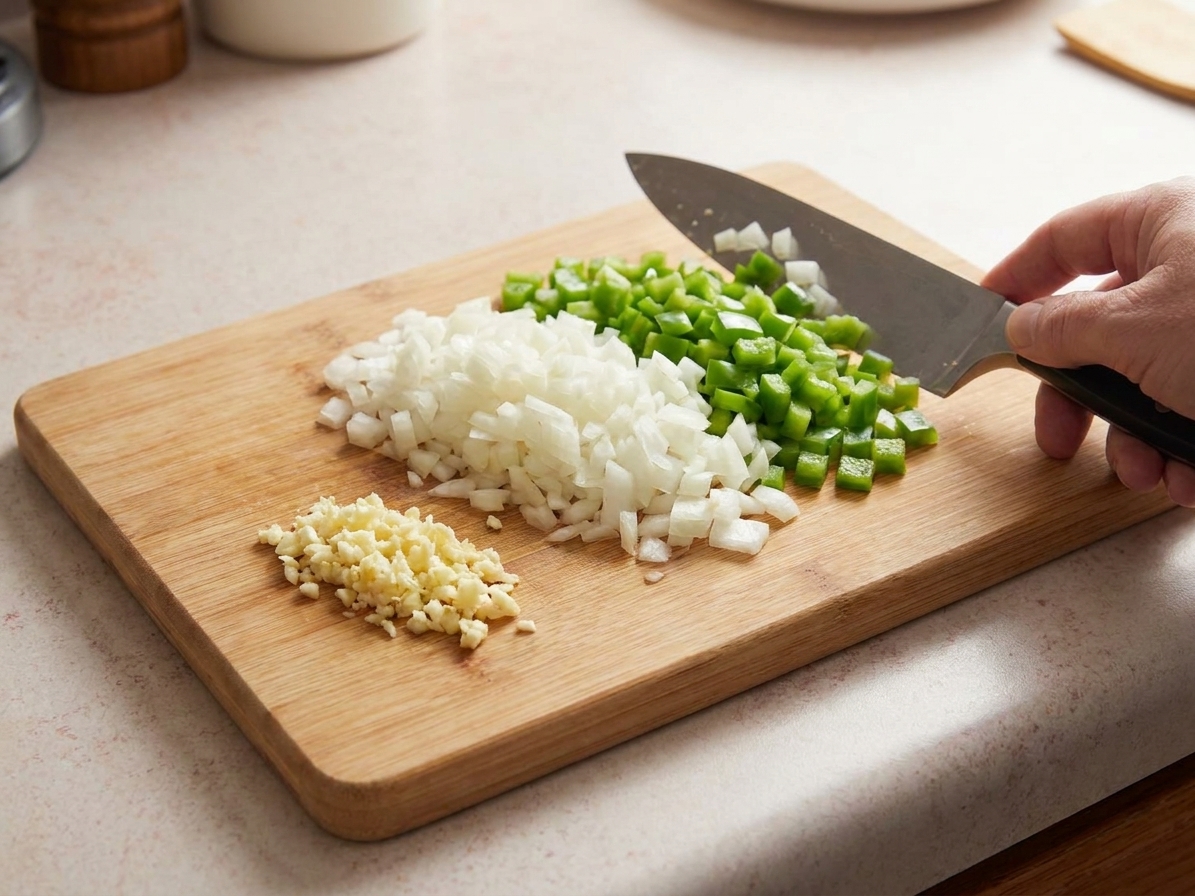 Finely chopped onion and green bell pepper on a cutting board beside minced garlic