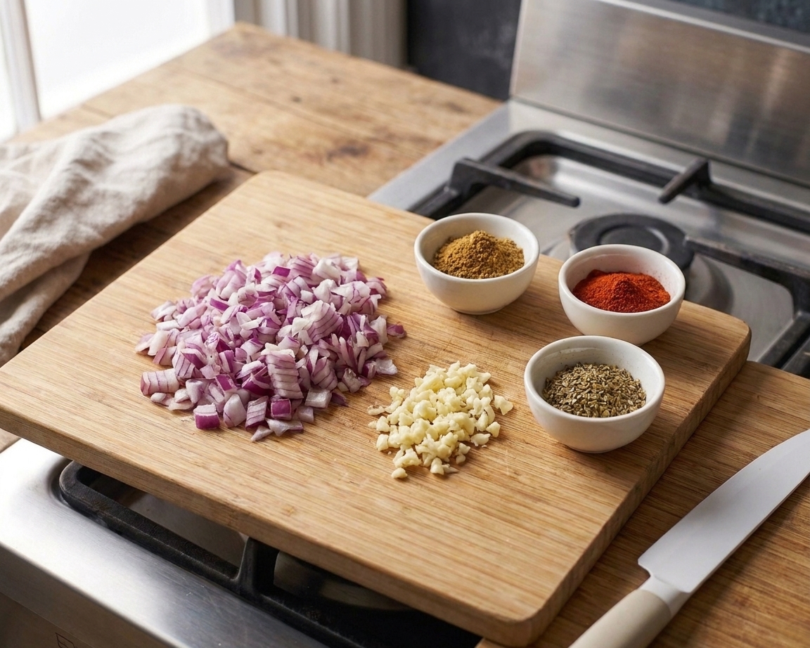 Finely chopped onion and minced garlic on a cutting board beside small bowls of cumin, smoked paprika, and oregano on a kitchen counter