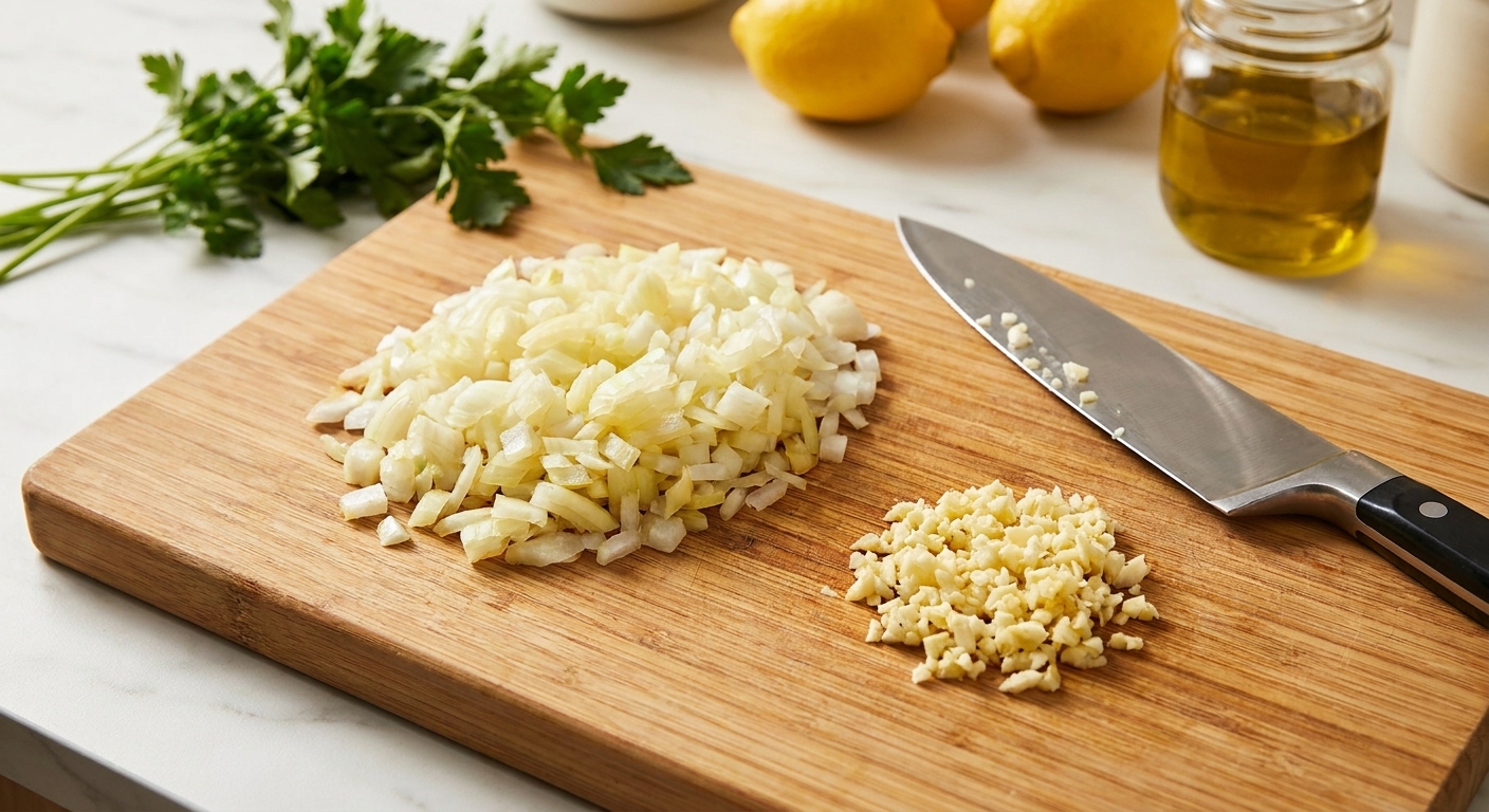 Finely chopped onion and minced garlic on a wooden cutting board with a chef's knife beside them