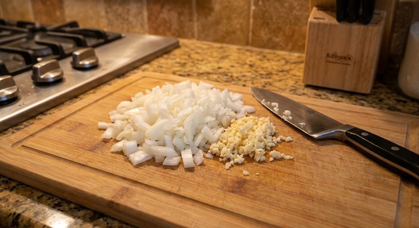Finely chopped onion and minced garlic on a wooden cutting board beside a chef's knife