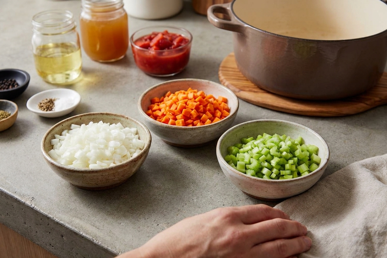 Finely chopped onion, carrot, and celery in small bowls on a kitchen counter, ready for braising