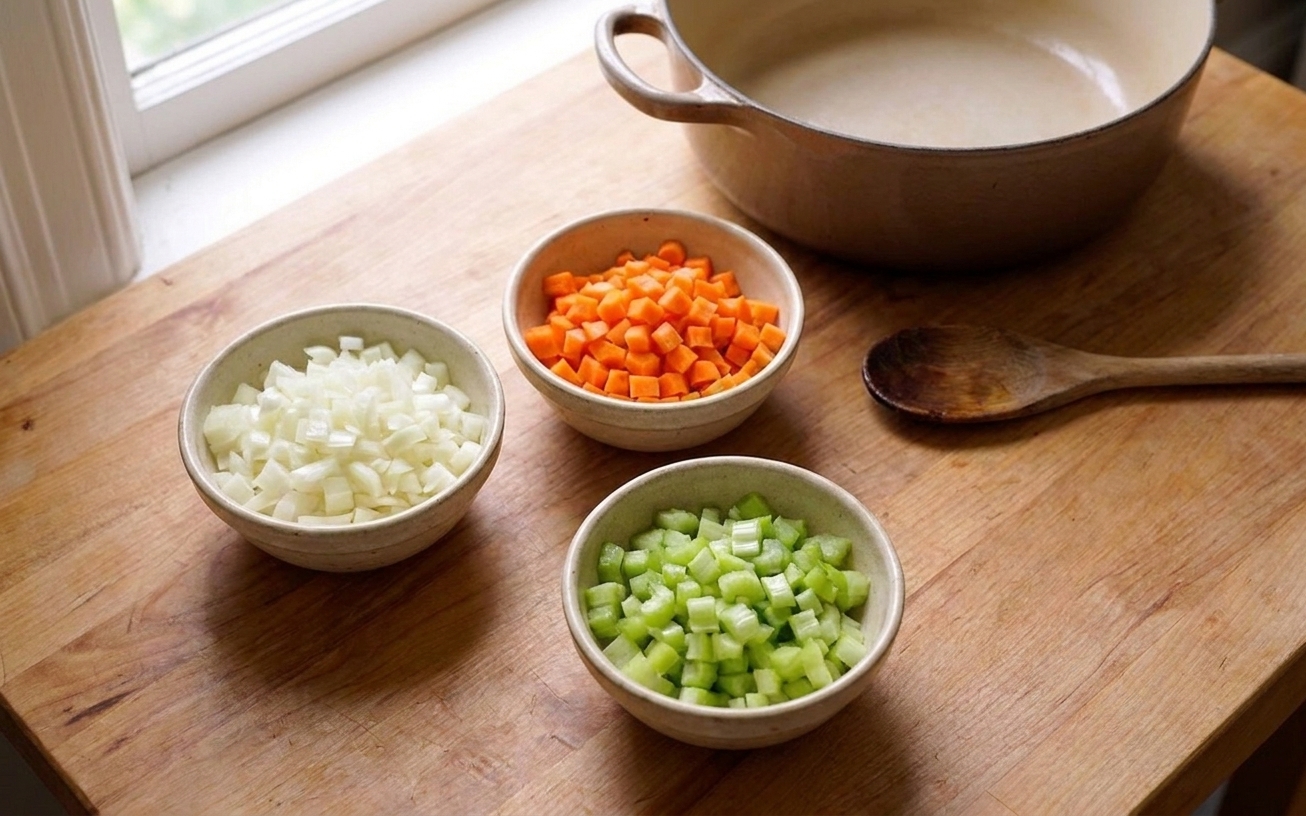 Finely chopped onion, carrot, and celery in small bowls, ready to start a classic bolognese