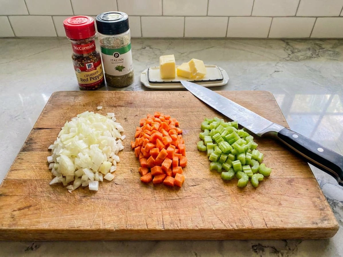Finely chopped onion, carrot, and celery in small piles on a wooden cutting board next to a chef’s knife