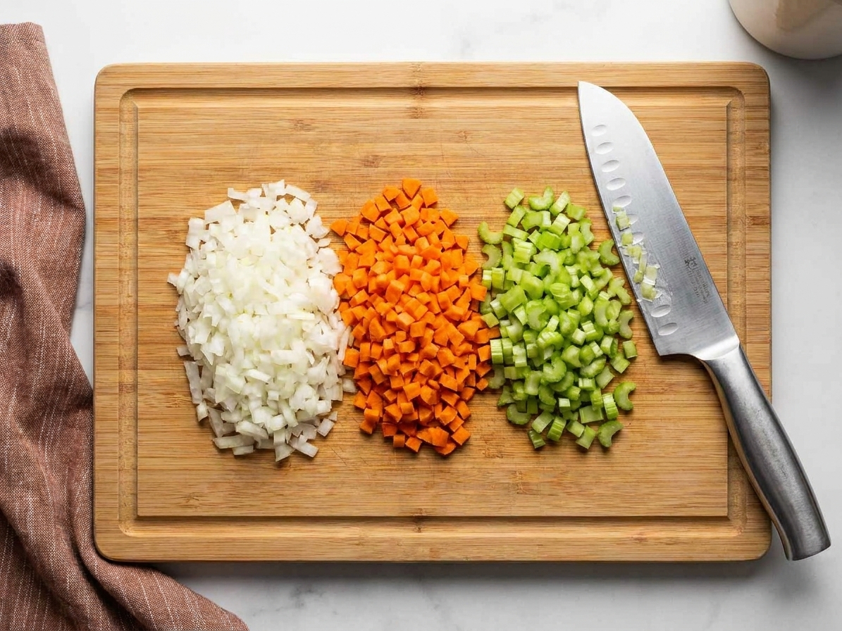 Finely chopped onion, carrot, and celery in small piles on a cutting board with a chef’s knife beside them