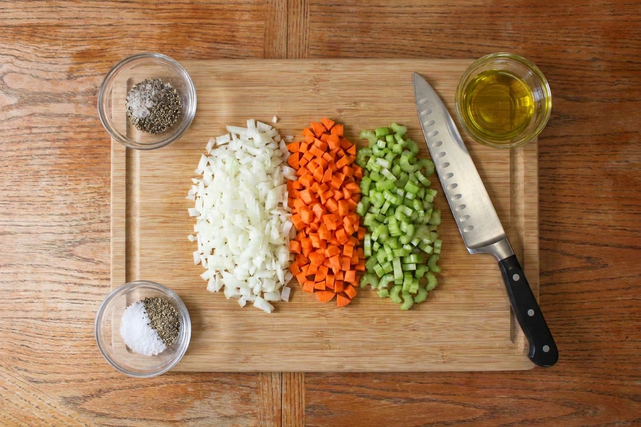 Finely chopped onion, carrot, and celery on a wooden cutting board with a chef's knife, ready for lasagna ragù prep in a home kitchen