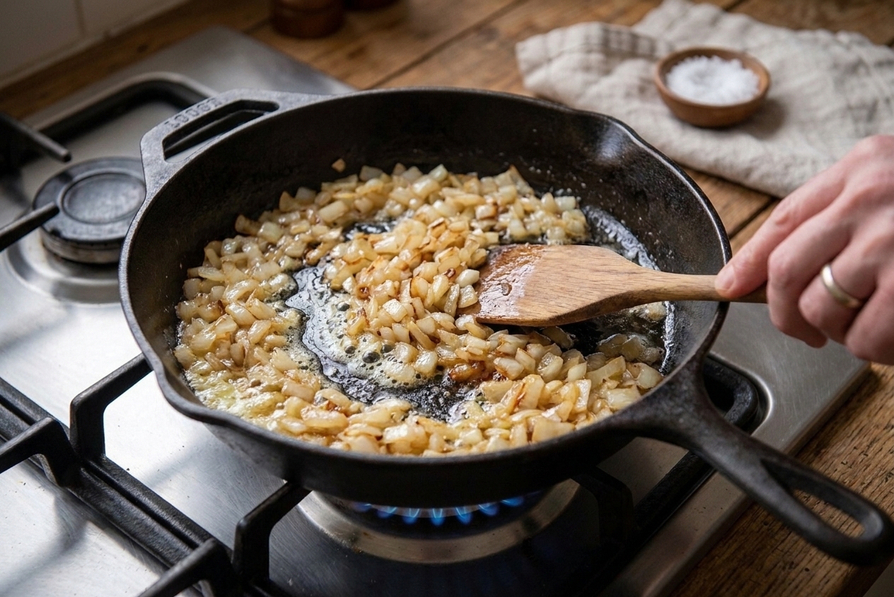 Finely chopped onions sautéing in melted butter in a skillet on a stovetop