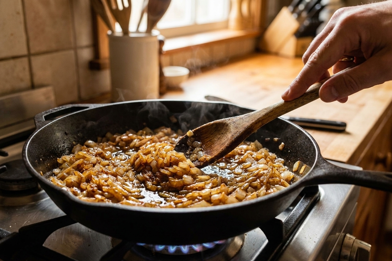 Finely chopped onions sautéing until deep golden in a wide skillet on a home stove with a wooden spoon stirring