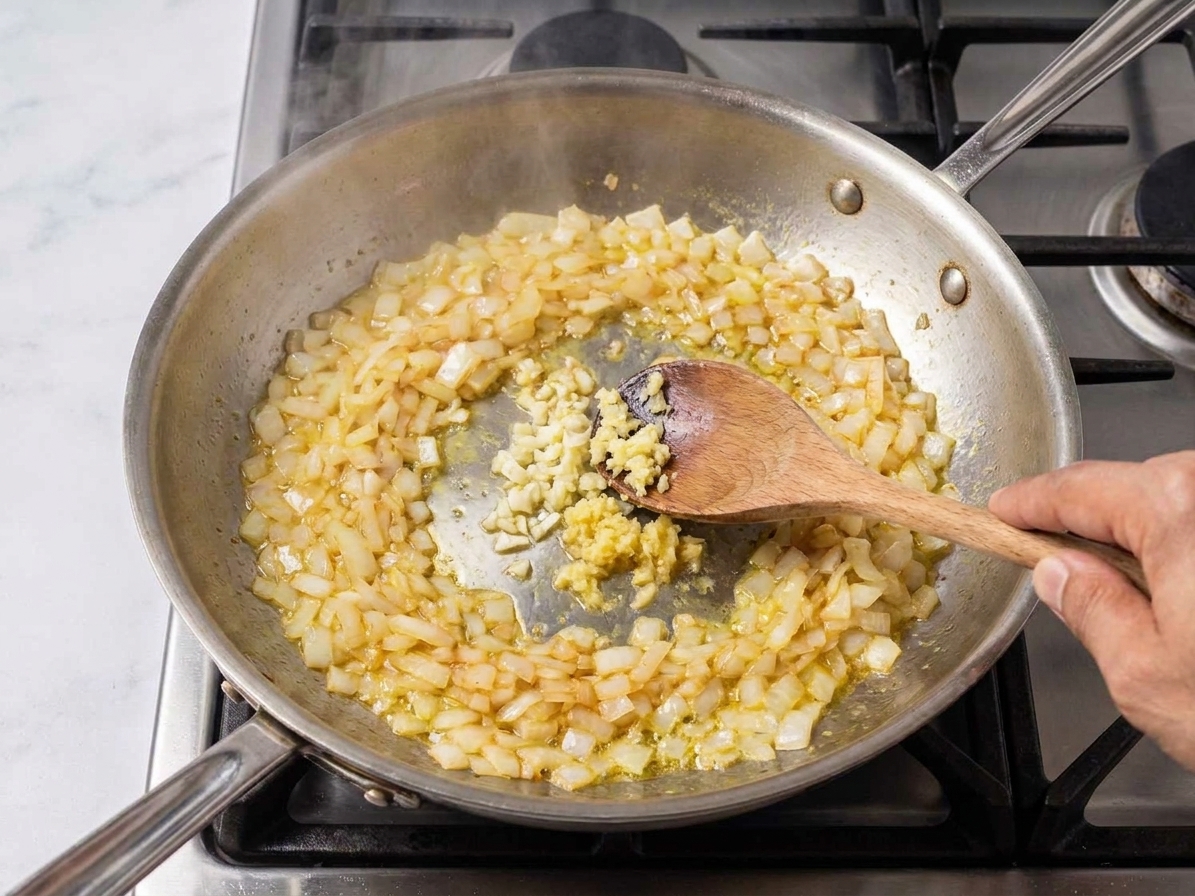 Finely chopped onions softening in a skillet with minced garlic and ginger being stirred in