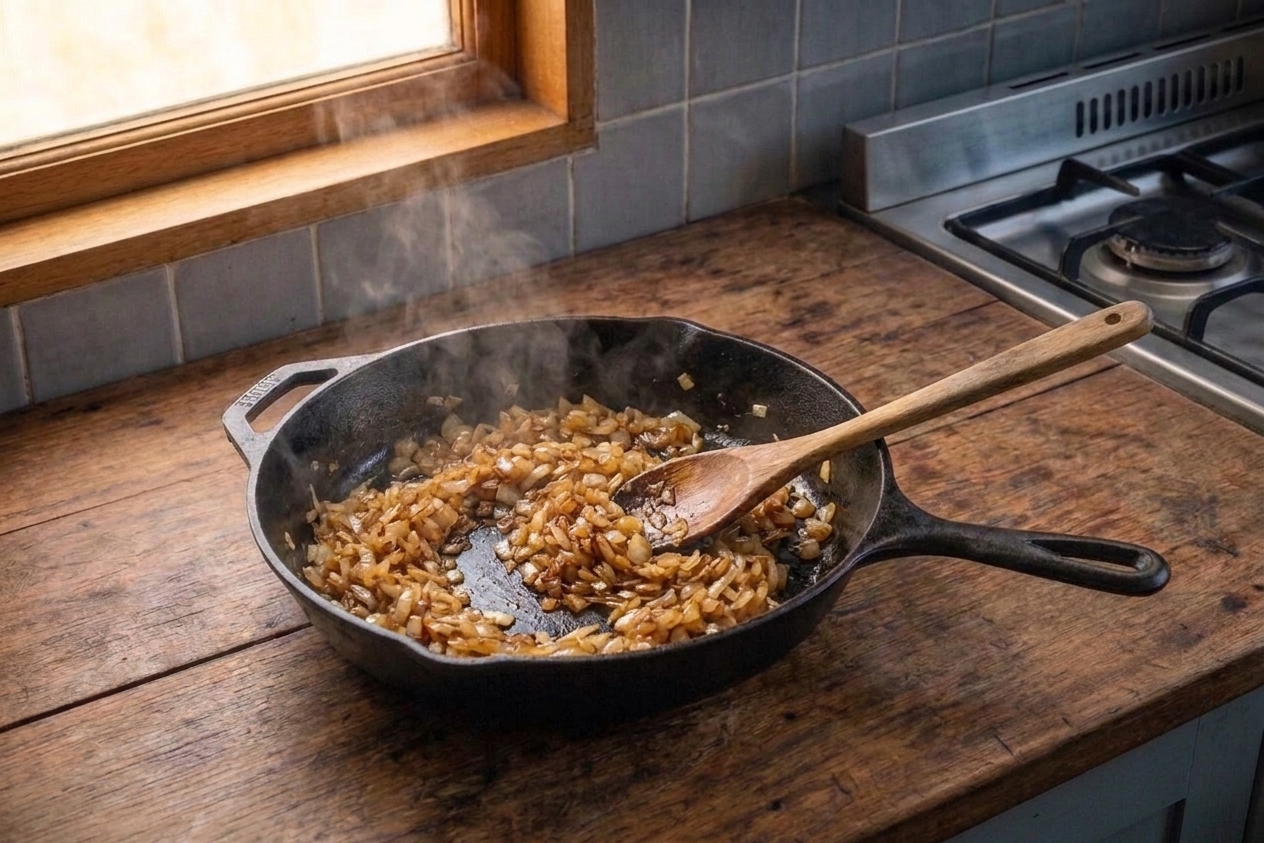 Finely chopped onions turning deep golden brown in a wide skillet, wooden spoon stirring