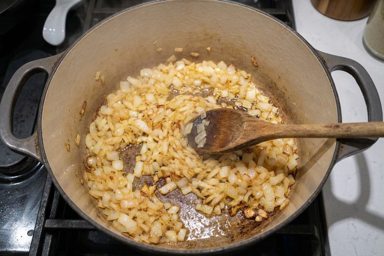 Finely chopped onions turning golden as they sauté in a heavy pot on a stovetop, with a wooden spoon resting inside