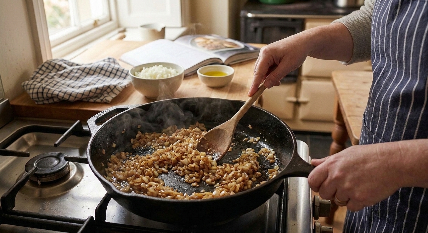 Finely chopped onions turning golden in a skillet on the stove with a wooden spoon