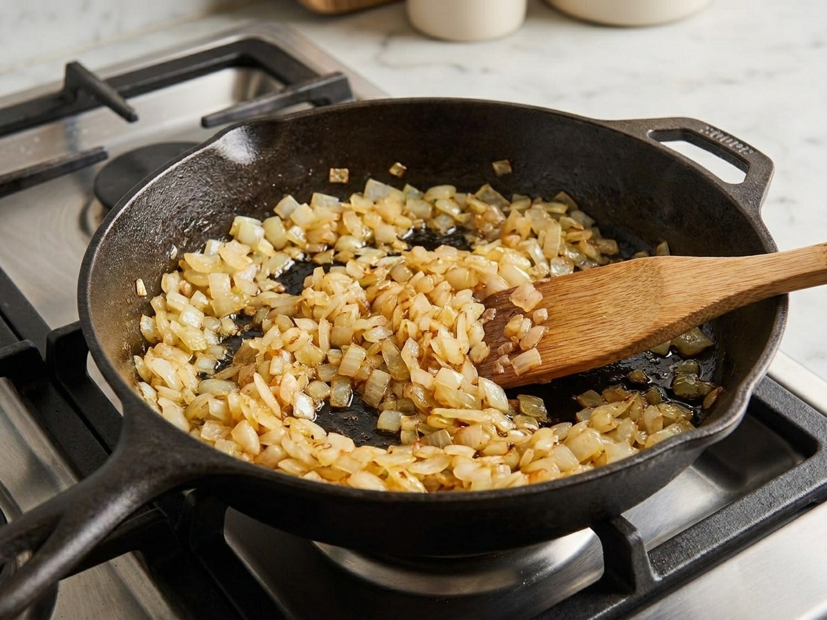 Finely chopped onions turning translucent and golden in a skillet on a stovetop