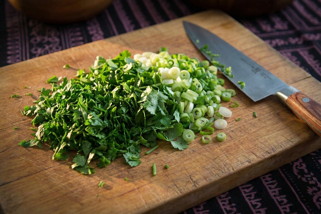 Finely chopped parsley, cilantro, and sliced scallions piled on a cutting board with a chef's knife nearby