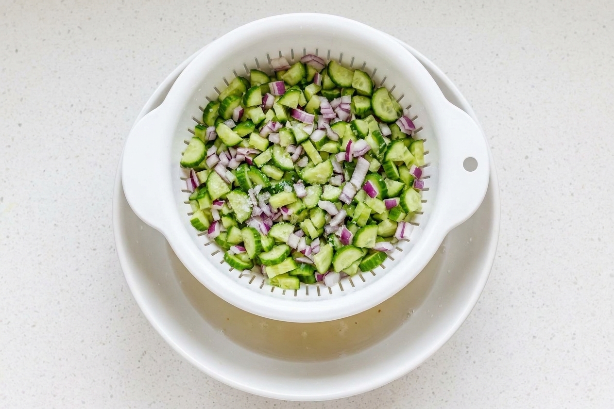 Finely chopped salted cucumbers and onions draining in a colander over a bowl on a kitchen counter