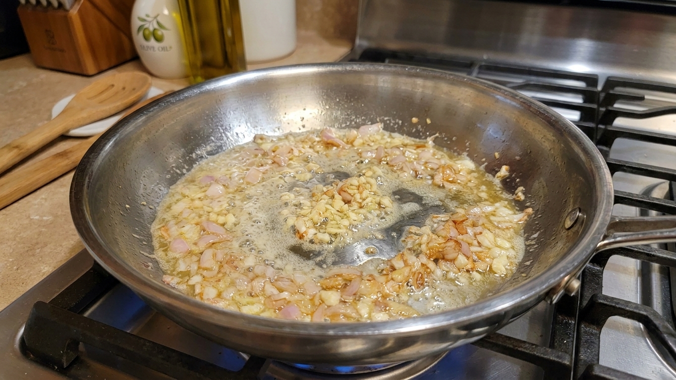 Finely chopped shallots and garlic sizzling in melted butter in a stainless steel skillet, edges lightly golden