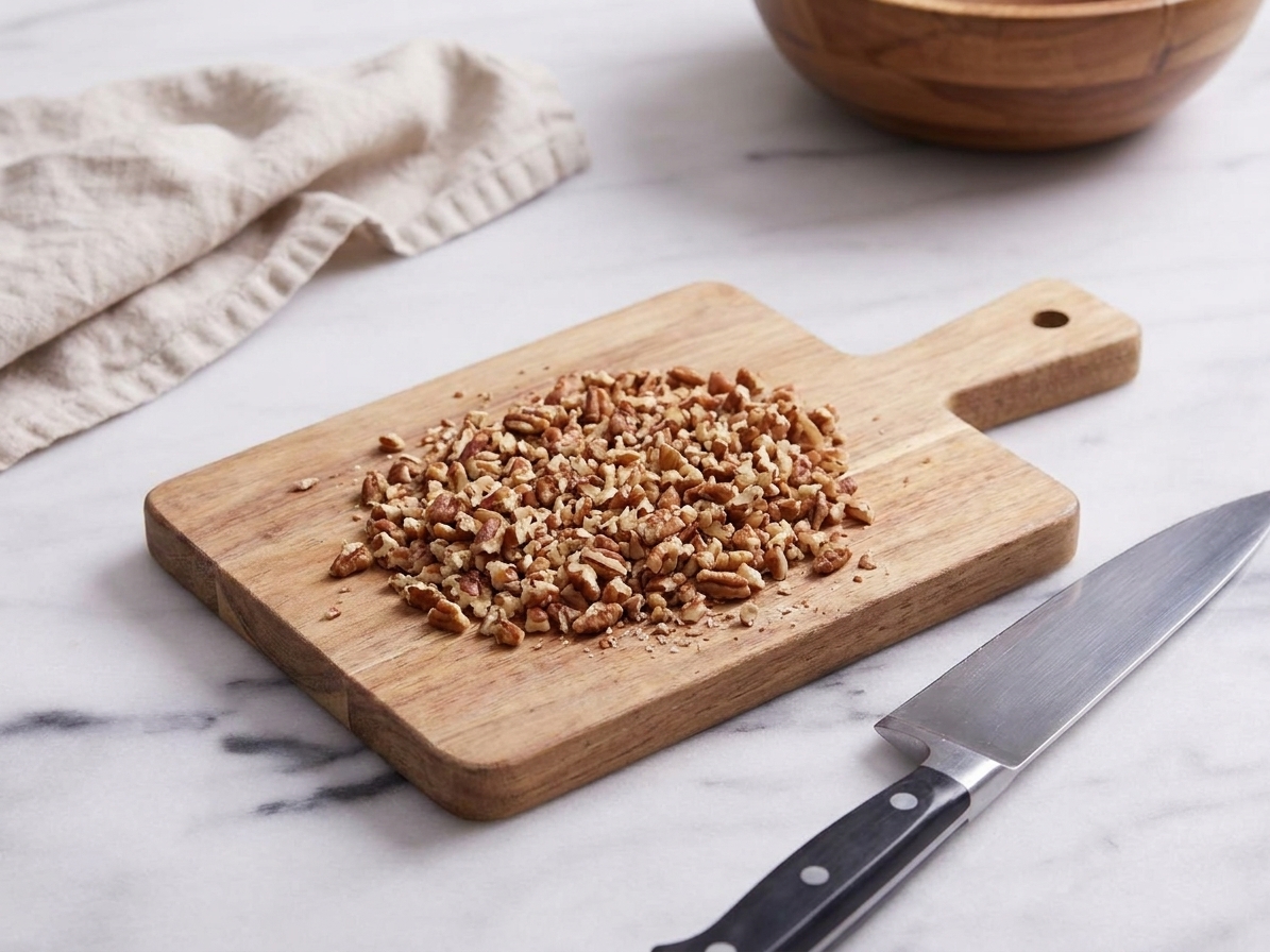 Finely chopped toasted pecans piled on a wooden cutting board with a chef’s knife nearby on a kitchen counter
