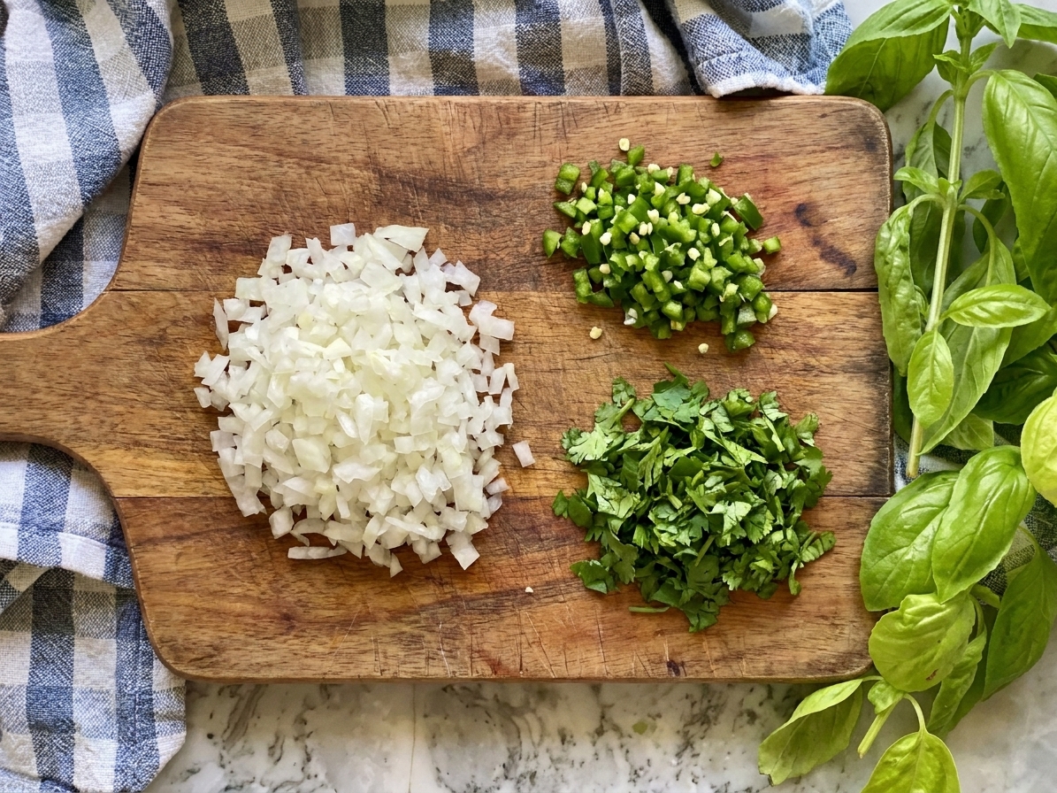 Finely chopped white onion, minced jalapeño, and chopped cilantro arranged in small piles on a wooden cutting board