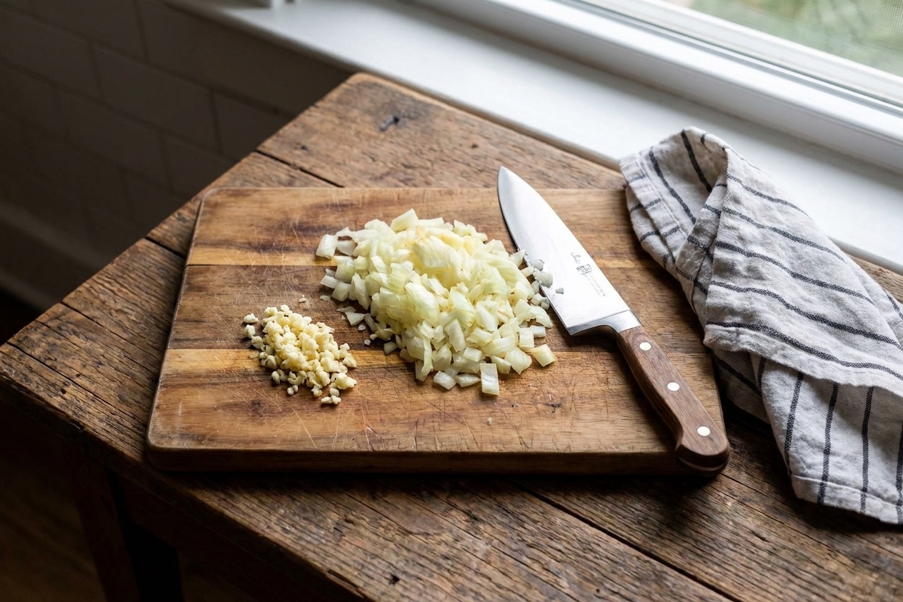 Finely chopped yellow onion and minced garlic on a cutting board next to a chef’s knife