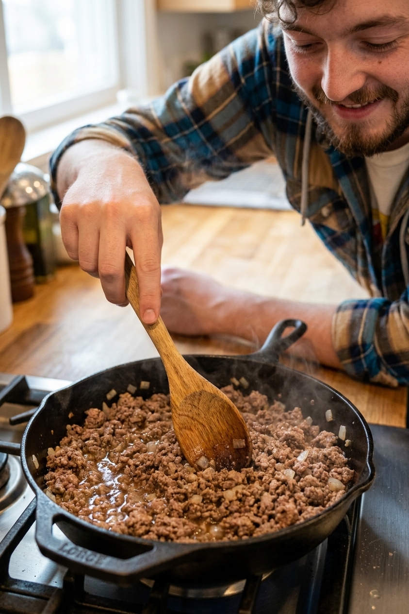 Finely crumbled ground beef simmering in a skillet with small bits of onion and a light sheen of juices, photographed close-up with a wooden spoon stirring