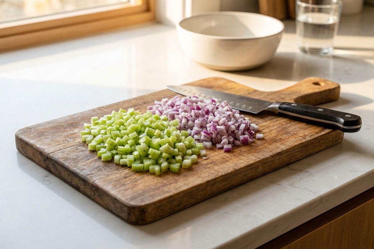 Finely diced celery and red onion on a cutting board with a chef’s knife on a clean kitchen counter