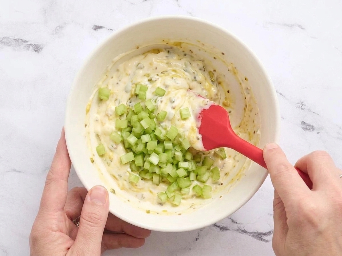 Finely diced celery being folded into creamy dressing with a rubber spatula