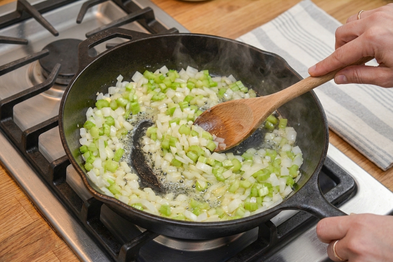 Finely diced onion and celery sautéing in a buttered skillet on a stovetop, with a wooden spoon stirring