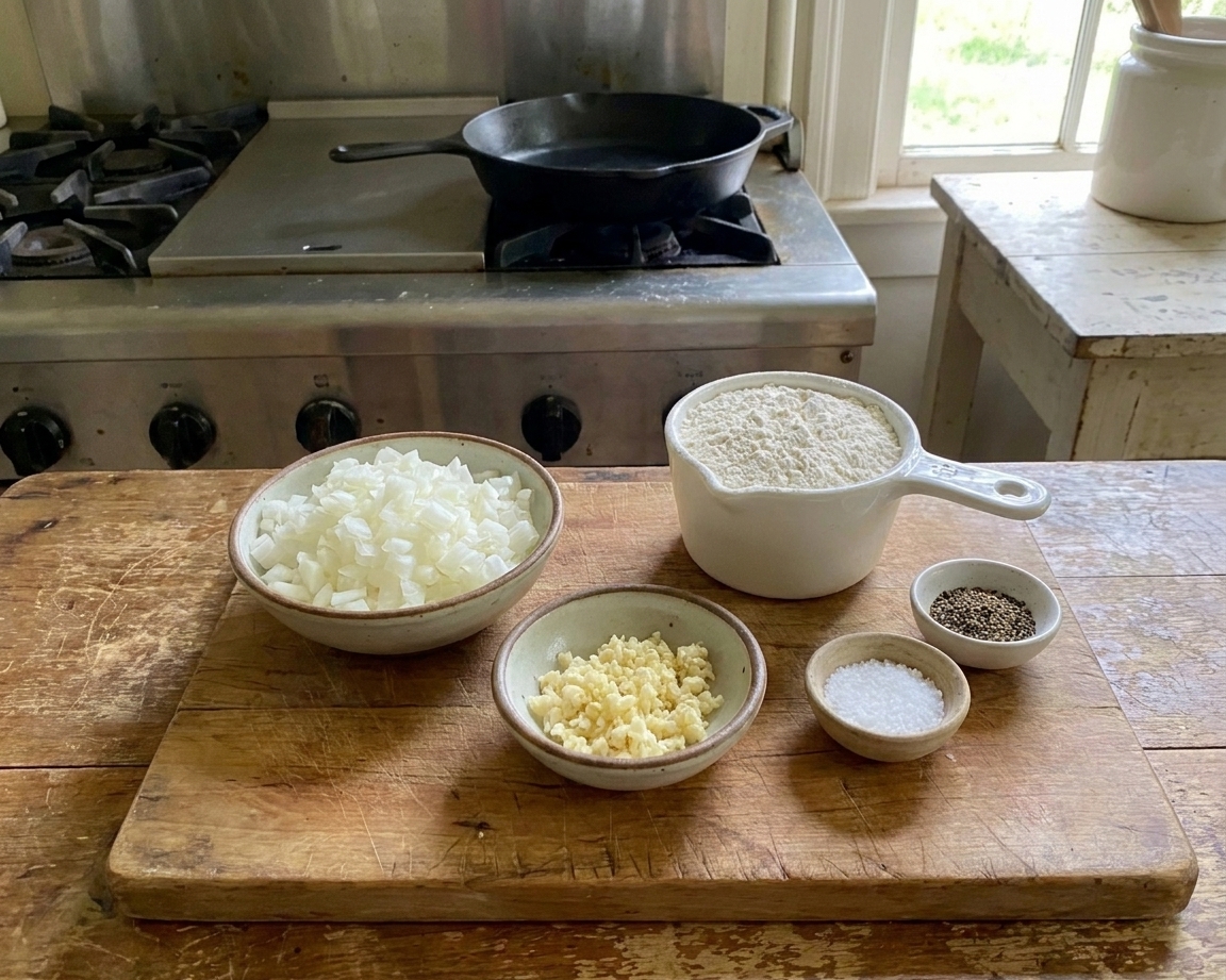 Finely diced onion and minced garlic in small bowls on a cutting board beside measured flour and seasonings on a kitchen counter