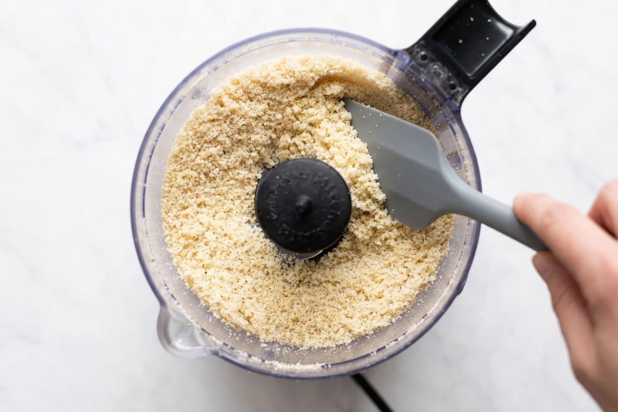 Finely ground almonds in a food processor bowl with a spatula scraping down the sides