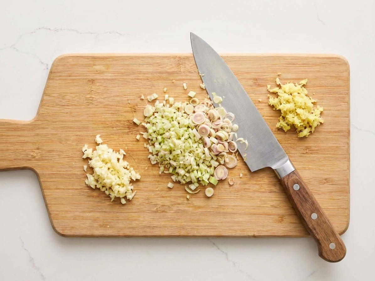 Finely minced lemongrass with grated garlic and grated ginger on a cutting board next to a chef’s knife