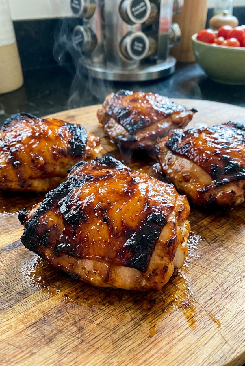 Finished BBQ chicken thighs resting on a cutting board with a glossy caramelized glaze and charred edges