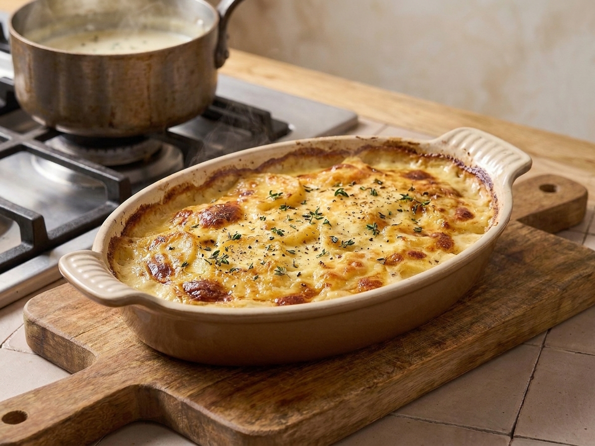 Finished Dauphinoise potatoes resting after baking with a golden, bubbling surface