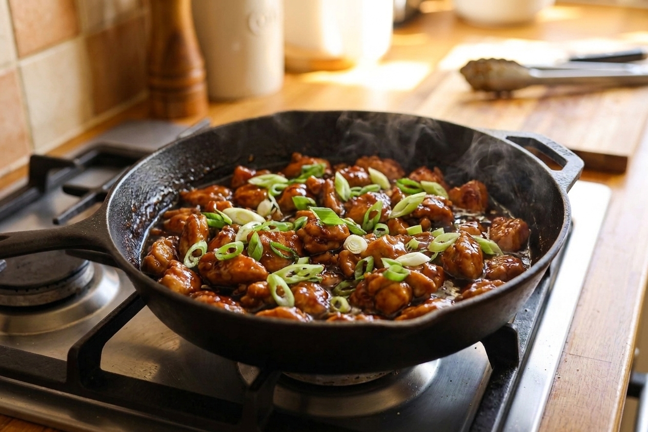 Finished Mongolian chicken in a skillet, coated in a dark glossy sauce with sliced green onions scattered on top