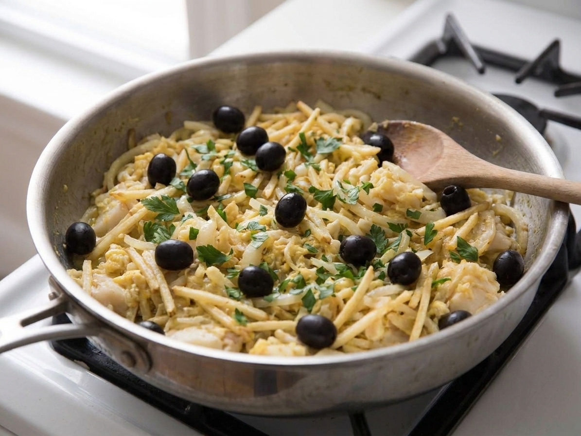Finished bacalhau à Brás in a skillet topped with black olives and chopped parsley, ready to serve