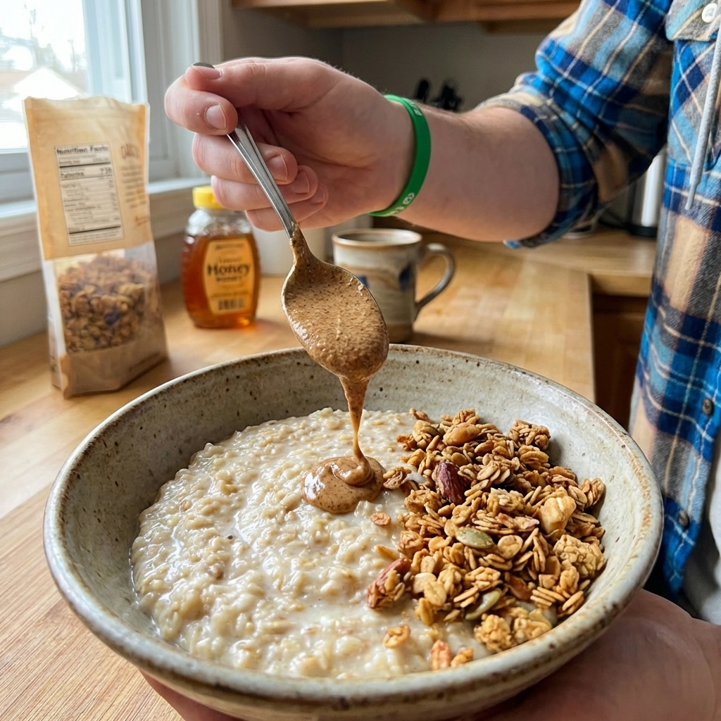 Finished bowl of oatmeal being topped with granola and a spoonful of almond butter