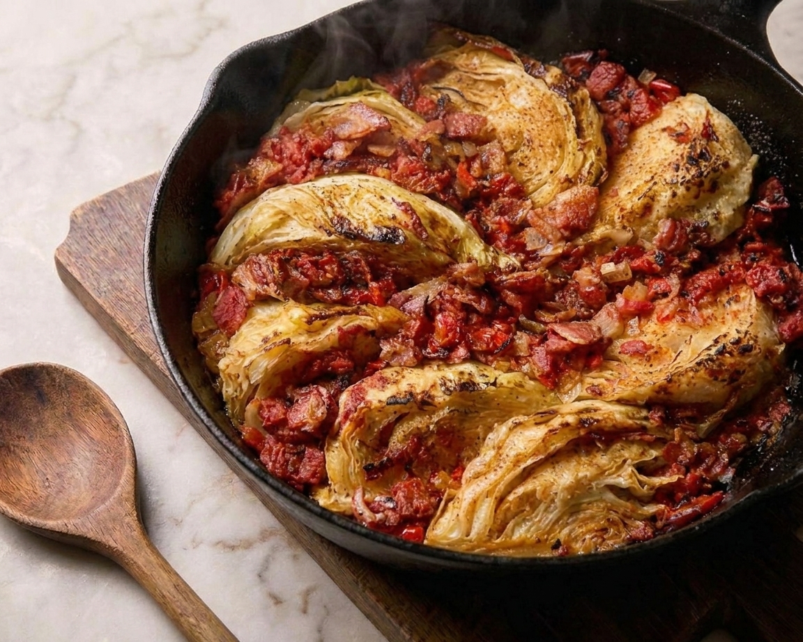 Finished braised cabbage that looks glossy and tender, with crispy bacon pieces scattered throughout