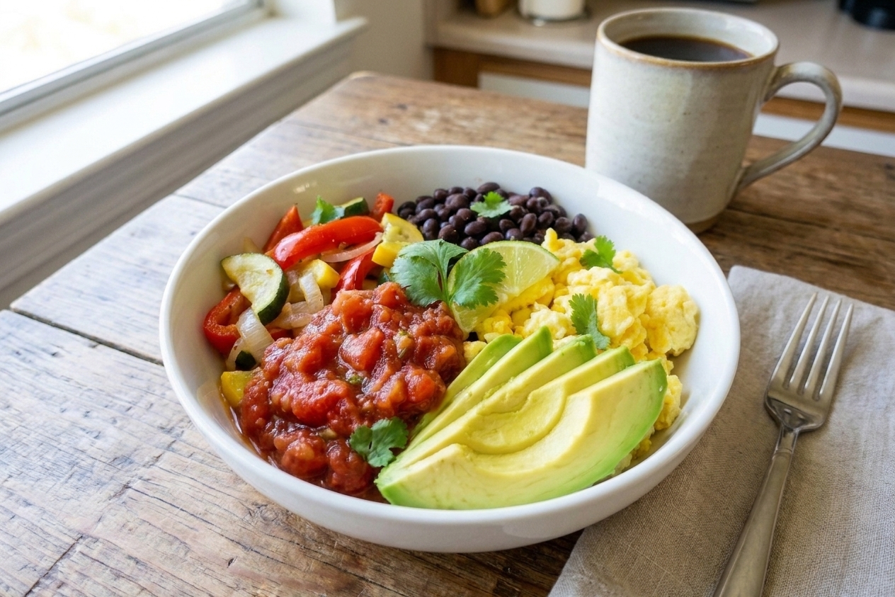 Finished breakfast bowl topped with salsa, avocado slices, and a lime wedge on a wooden table with a simple place setting