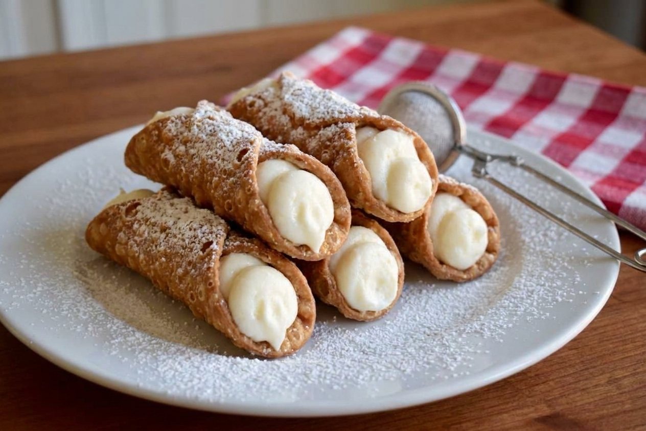 Finished cannoli on a plate dusted with powdered sugar on a dining table with soft natural light