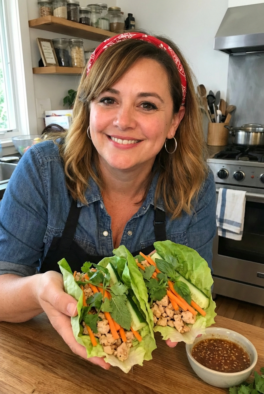 Finished chicken lettuce wraps being held in hand with visible cucumbers, carrots, and herbs