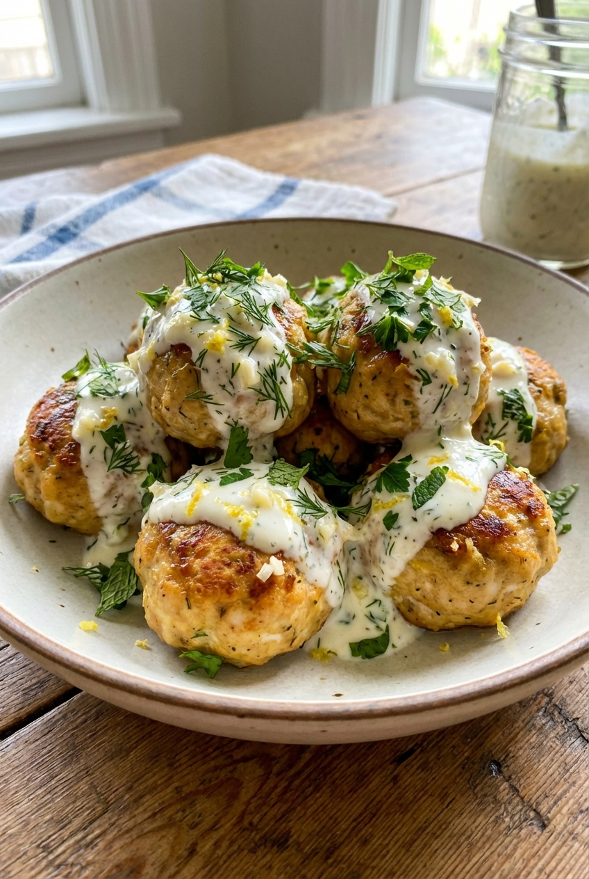 Finished chicken meatballs plated in a shallow bowl with garlic lemon yogurt sauce drizzled over and chopped herbs on top