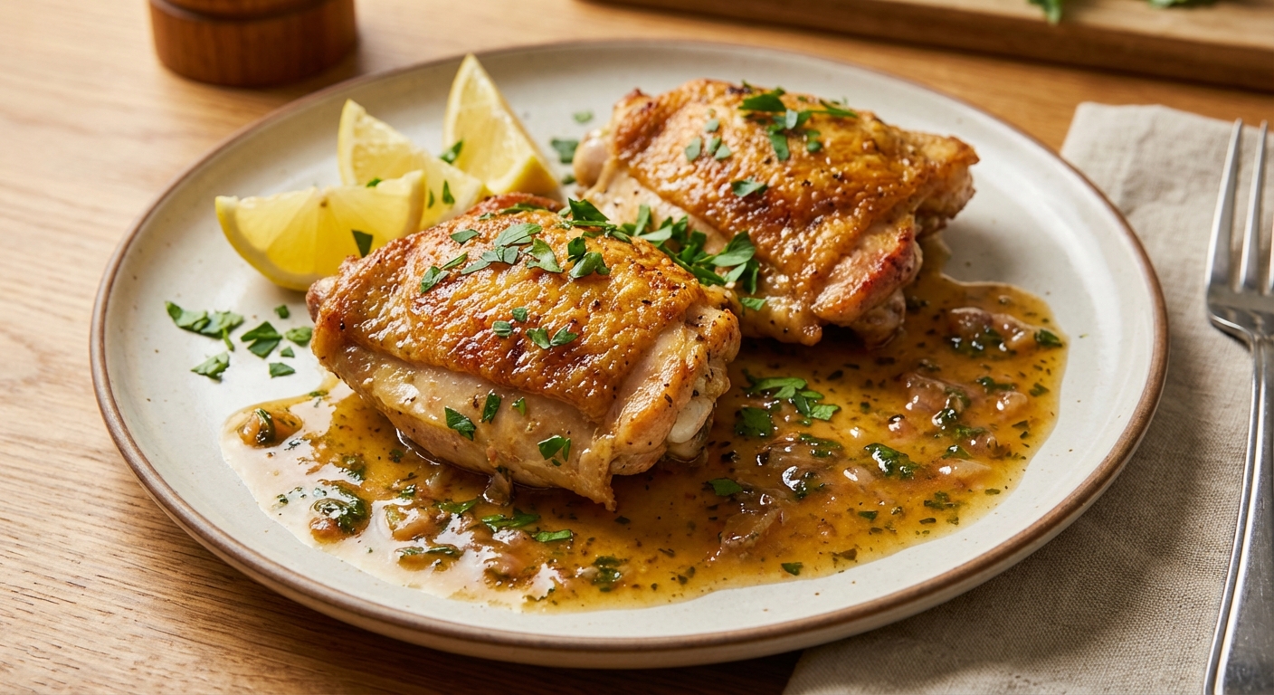 Finished chicken thighs plated with lemon wedges and parsley, with pan sauce spooned around the chicken