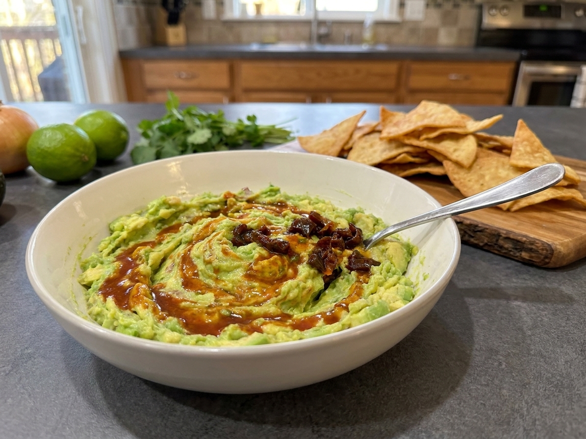 Finished chipotle guacamole in a serving bowl with tortilla chips nearby on a simple table setting, warm kitchen lighting