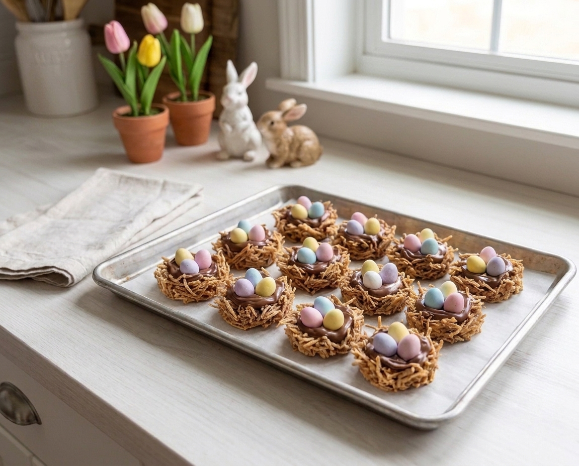 Finished chocolate Easter nest cookies topped with pastel candy eggs on a parchment-lined baking sheet on a light kitchen counter
