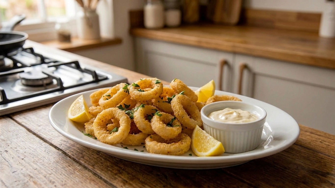 Finished crispy calamari on a white platter with lemon wedges and a ramekin of lemon garlic aioli on a wooden dining table