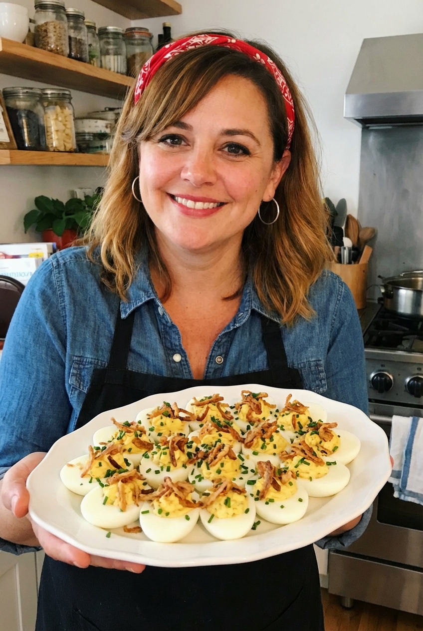 Finished deviled eggs arranged on a platter with crispy shallots and chives