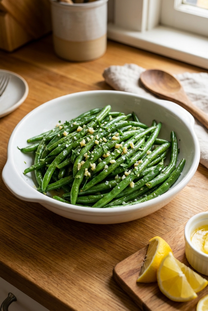 Finished garlic butter green beans in a white serving bowl with lemon wedges nearby